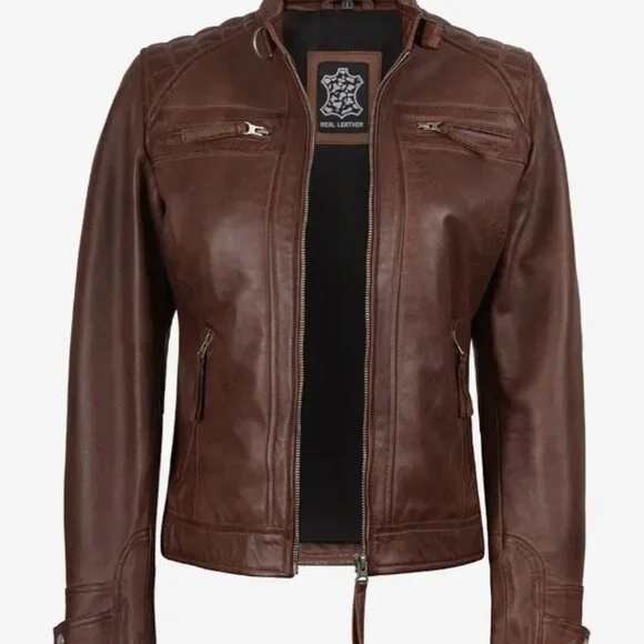 Cognac Leather Biker Style Jacket - Quilted Shoulder Sz XS - Picture 1 of 12